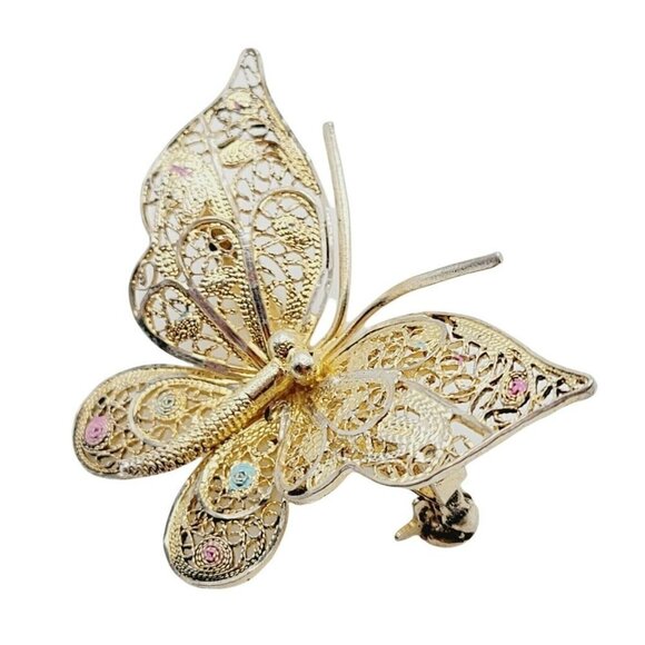 Vtg Filigree Sterling Silver W/ Gold Vermeil Butterfly Brooch Delicate Ornate - Picture 1 of 8